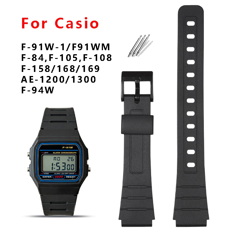 สายนาฬิกาสําหรับ Casio F91W A168 A158 AE1200 สายเรซินพร้อมหมุดสีดํา