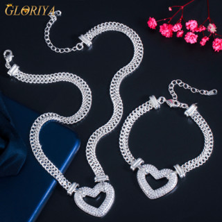 Gloriya แฟชั่นเกาหลี สีเหลือง ทอง ชุบ CZ เพทาย หัวใจ เสน่ห์ ไมอามี่ คิวบา โซ่ สร้อยข้อมือ สร้อยคอ ชุดเครื่องประดับ สไตล์ฮิปฮอป สําหรับผู้หญิง JS185