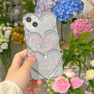 เคสโทรศัพท์มือถือนิ่ม ป้องกันกล้อง ชุบไฟฟ้า ลาย Hello Kitty ประดับกลิตเตอร์ หรูหรา สําหรับ iPhone 14 13 12 11 Pro Max 14 Plus