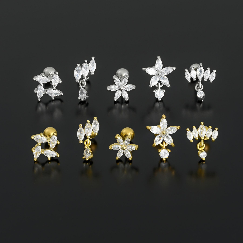 1 ชิ้น G23 ต่างหูไทเทเนียม เรียบง่าย ดอกไม้ เพทาย ต่างหูสตั๊ด tragus บอลล็อค ต่างหู