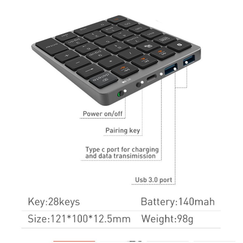 Jomaa N970 คีย์บอร์ดตัวเลขบลูทูธไร้สาย พร้อมฮับ USB โหมดคู่ 28 คีย์ ขนาดเล็ก สําหรับแท็บเล็ต แล็ปท็อป เดสก์ท็อป บัญชี