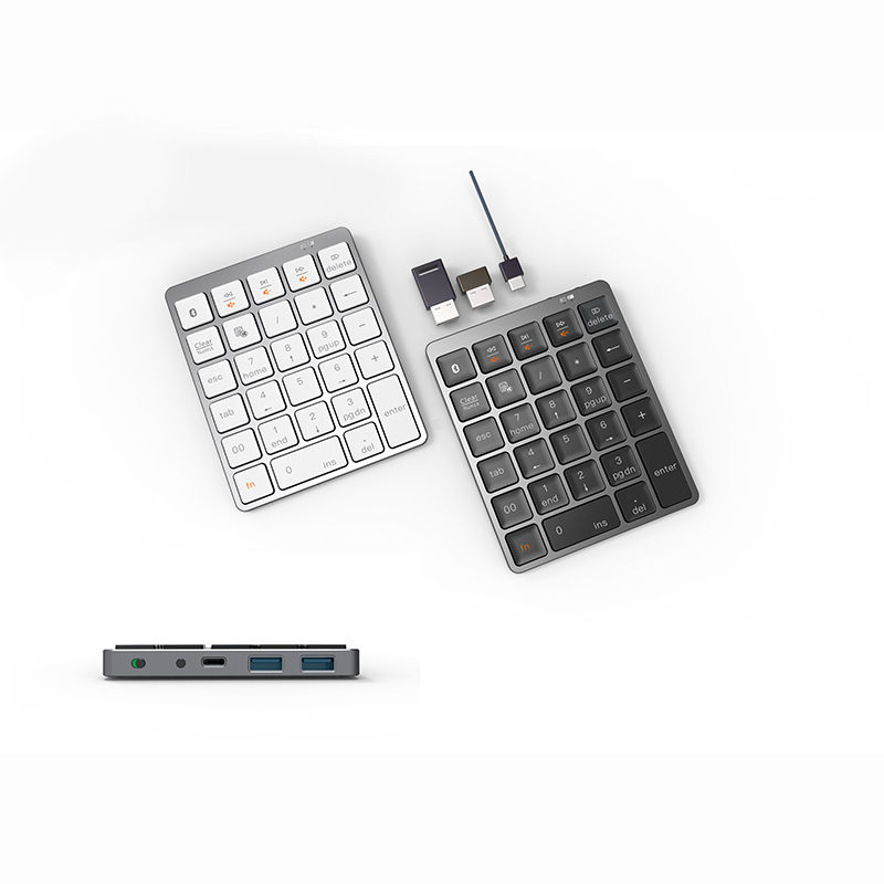 Jomaa N970 คีย์บอร์ดตัวเลขบลูทูธไร้สาย พร้อมฮับ USB โหมดคู่ 28 คีย์ ขนาดเล็ก สําหรับแท็บเล็ต แล็ปท็อป เดสก์ท็อป บัญชี