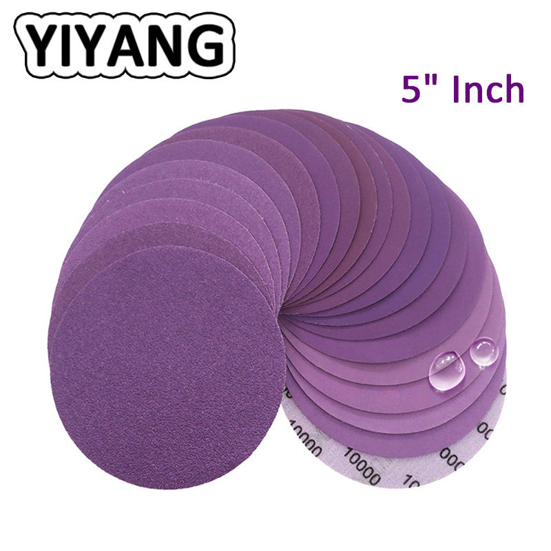 แผ่นกระดาษทรายขัด แบบเปียก และแห้ง ขนาด 5 นิ้ว พร้อมตะขอ และห่วง 60-10000 สีม่วง 2 ชิ้น