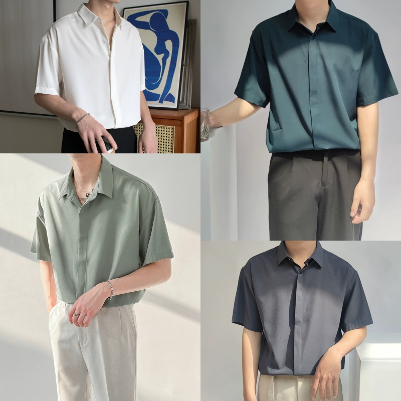 เสื้อเชิ้ตคอปกแขนสั้น Oversize (5สี) แฟชั่นเกาหลี เสื้อเชิ้ตผู้ชาย ทรงหลวม สวมใส่สบาย ขนาด M L XL XX