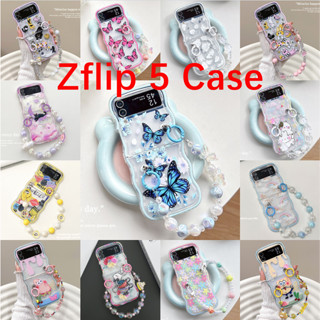 เคสมือถือ ลายการ์ตูนผีเสื้อ ดอกไม้ พร้อมสายคล้อง สําหรับ Samsung Galaxy Z Flip 5 Z Flip5 Z-Flip5