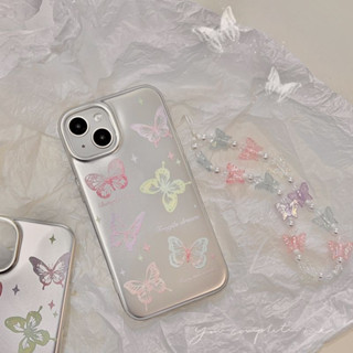 เคสป้องกันโทรศัพท์มือถือชุบไฟฟ้า ลายการ์ตูนผีเสื้อ พร้อมสายโซ่ สําหรับ iPhone 14Pro max case 13Pro max 12Pro max 14Pro 13Pro 12Pro 11 12 13 14 case