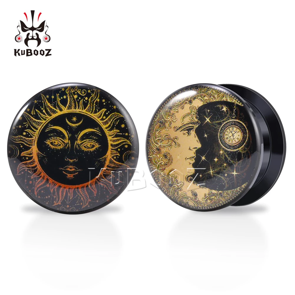 Kubooz 2 ชิ้น จิวระเบิดหู ดวงอาทิตย์ ดวงจันทร์ อะคริลิค ปลั๊กอุโมงค์ เจาะร่างกาย เครื่องประดับต่างหู เกจวัด ยืด