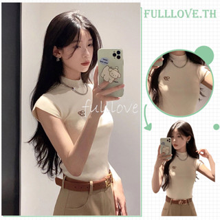 Fulllove เสื้อครอปท็อป คอกลม แขนสั้น แบบเข้ารูป สีขาว สําหรับผู้หญิง Y2K crop top