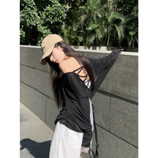 Cross sexy backless long sleeve loose drape sunscreen shirt Korean fashionable versatile T-shirt