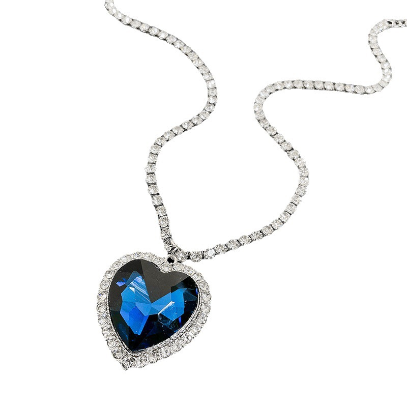 เครื่องประดับ สร้อยคอ จี้คริสตัล รูปหัวใจ ประดับเพชรเทียม ขนาดใหญ่ สีฟ้าทะเล สําหรับผู้หญิง - รูปที่ 4