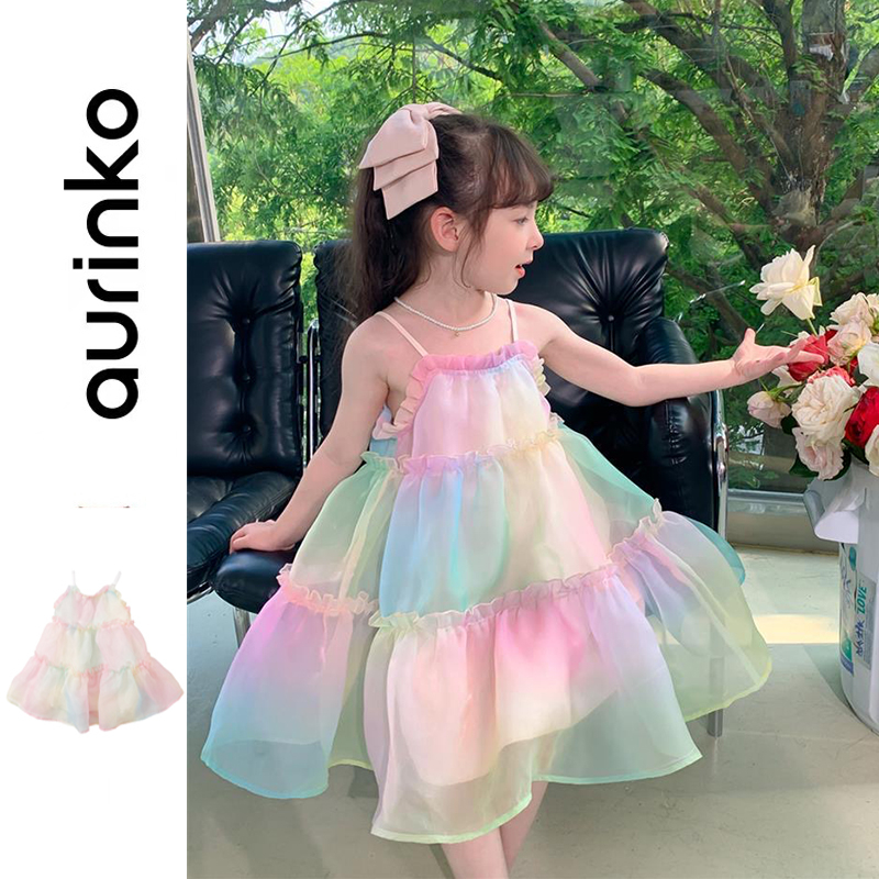 [Aurinko]ชุดเด็กผู้หญิง ตาข่าย Rainbow ชุดเจ้าหญิง ชุดเดรสเจ้าหญิง กระโปรงดรสเด็กผู้หญิง เสื้อผ้าเด็กผู้หญิง 1-7 ปี ชุดสงกรานเด็กผู้หญิง