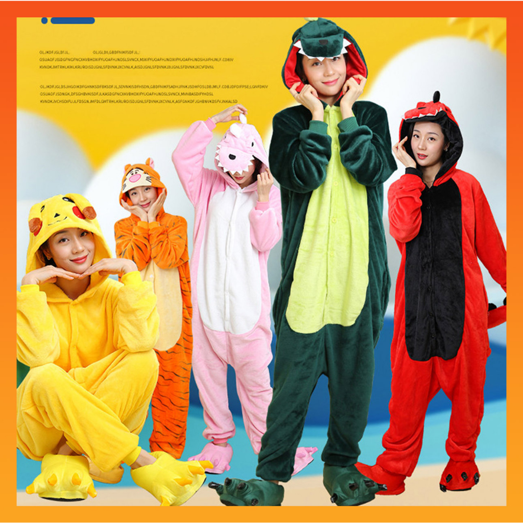 Kigurumi ผู้หญิงผู้ชายน่ารักไดโนเสาร์ Stitch Pikachu วัวสัตว์การ์ตูนชุดคอสเพลย์ Onesies ชุดนอน