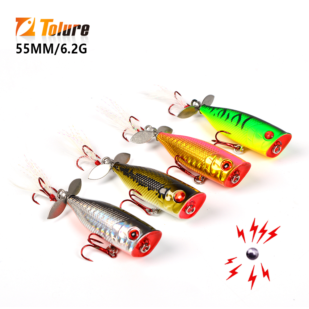 Tolu 1PC Popper เหยื่อตกปลา 55 มม. 6.2g ในตัวเลเซอร์เคลือบ Topwater Hard เหยื่อ Wobblers ประดิษฐ์ตกปลาพลาสติกพร้อมตะขอ