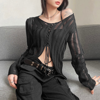เสื้อคลุมกันแดด แขนยาว คอวี แบบผูกเชือก สีดํา สไตล์เรโทร สําหรับผู้หญิง