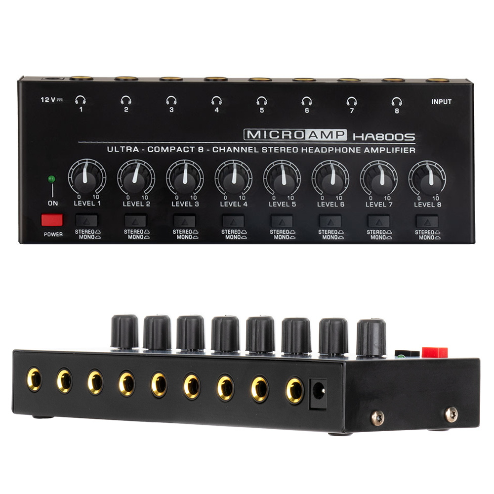 8ช่องสเตอริโอหูฟังเครื่องขยายเสียงเสียงต่ําพิเศษเครื่องขยายเสียงหูฟังแบบพกพาแยกกับอะแดปเตอร์ไฟสําหรับบันทึกสตูดิโอตรวจสอบเพลง