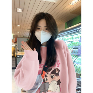 love flower  เสื้อกันหนาวแขนยาว เปิดไหล่ แบบบาง ทรงหลวม ขนาดใหญ่ สีชมพู แฟชั่นฤดูใบไม้ร่วง สําหรับผู้หญิง