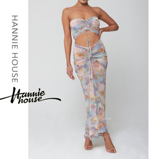 Hannie-Women Floral Ruched Mesh Bandeau Top and Long Skirt Set