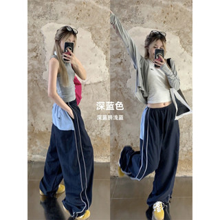 Quick drying color matching sweatpants loose American Cargo pants elastic waist casual trousers+Camisole