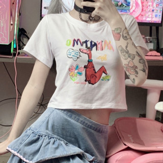 เสื้อยืดแขนสั้น เอวลอย ทรงสลิมฟิต ลายการ์ตูนตลก สไตล์เกาหลี สุดเซ็กซี่ เหมาะกับฤดูร้อน สําหรับผู้หญิง