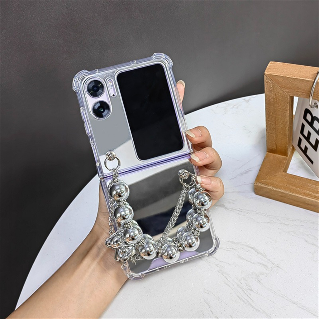 เคสโทรศัพท์มือถือแบบกระจก ฝาพับ กันกระแทก พร้อมสายคล้อง ประดับลูกปัดหมีน่ารัก สไตล์เกาหลี สําหรับ OPPO Find N2 Flip findn2 Flip Find N3