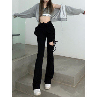 Design sense torn drawstring high waisted casual pants Spicy girl micro flared long pants torn pants