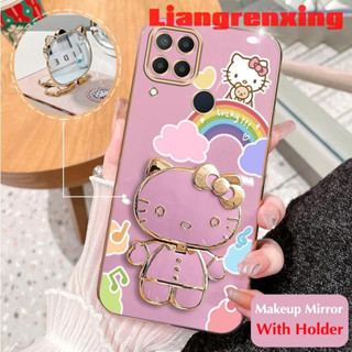 เคสโทรศัพท์มือถือ ซิลิโคนนิ่ม กันกระแทก ลาย Hello Kitty Cat พร้อมกระจกแต่งหน้า และที่ตั้งวาง สําหรับ Realme C15 DDXKT01