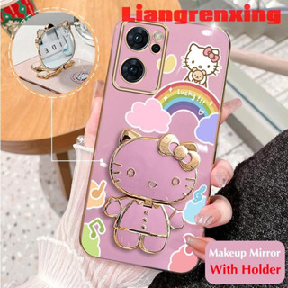 เคสโทรศัพท์มือถือ ซิลิโคนนิ่ม กันกระแทก ลายแมวเฮลโลคิตตี พร้อมกระจกแต่งหน้า และที่ตั้งวาง สําหรับ oppo reno 7 5g oppo reno 7 4g DDXKT01