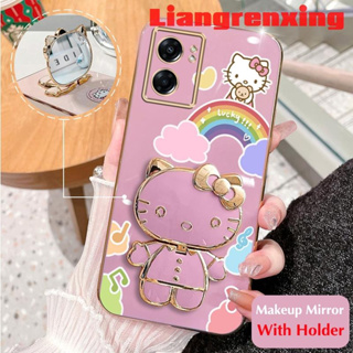 เคสโทรศัพท์มือถือ ซิลิโคนนิ่ม กันกระแทก ลาย Hello Kitty Cat พร้อมกระจกแต่งหน้า และที่ตั้งวาง สําหรับ oppo A57 2022 4g oppo a77s 5G A77 5G DDXKT01