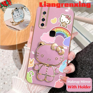 เคสโทรศัพท์มือถือ ซิลิโคนนิ่ม ป้องกัน กันชน ลาย Hello Kitty Cat พร้อมกระจกแต่งหน้า และที่ตั้งวาง สําหรับ VIVO V15 PRO VIVO V15 DDXKT01