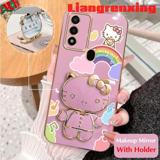 Itel a48 เคสโทรศัพท์ ซิลิโคนนิ่ม ชุบไฟฟ้า กันกระแทก ลาย Hello Kitty Cat พร้อมกระจกแต่งหน้า และที่ตั้งวาง DDXKT01