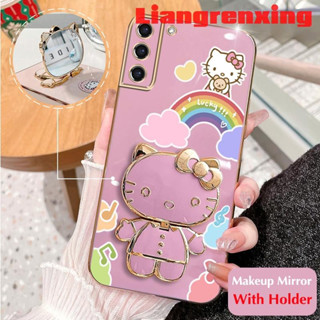 เคสโทรศัพท์มือถือ ซิลิโคนนิ่ม กันกระแทก ลาย Hello Kitty Cat พร้อมกระจกแต่งหน้า สําหรับ samsung s21 fe s21 ultra s21 plus DDXKT01