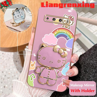 เคสโทรศัพท์มือถือ ซิลิโคนนิ่ม กันกระแทก ลาย Hello Kitty Cat พร้อมกระจกแต่งหน้า และที่ตั้งวาง สําหรับ samsung s10 PLUS s10 PRO s10 DDXKT01