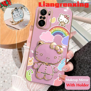 เคสโทรศัพท์มือถือ ซิลิโคนนิ่ม กันกระแทก ลาย Hello Kitty Cat พร้อมกระจกแต่งหน้า และที่ตั้งวาง สําหรับ xiaomi poco F3 DDXKT01