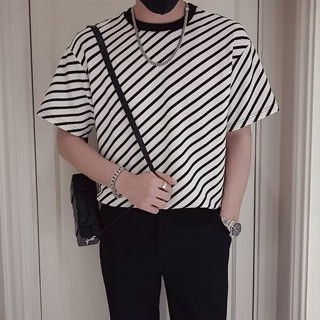เสื้อยืดคอกลม แขนสั้น ลายทาง แนวทแยง เรียบง่าย เข้ากับทุกการแต่งกาย สไตล์ยุโรป อเมริกัน แนวทแยง แฟชั่นสําหรับผู้ใหญ่