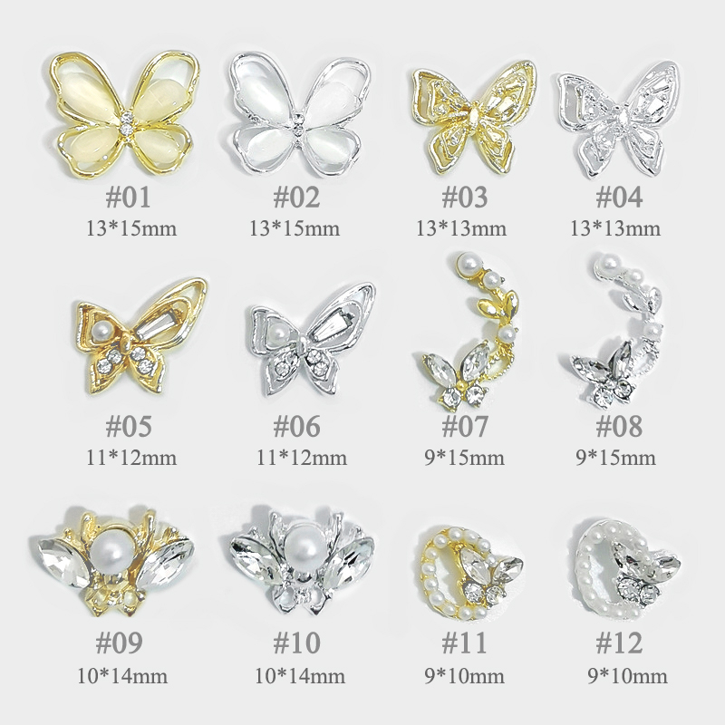 เครื่องประดับ จี้ผีเสื้อ ประดับคริสตัล และพลอยเทียม สีทอง สีเงิน สําหรับตกแต่งเล็บ
