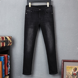 High Street Fashion Man Jeans กางเกงยีนส์สีดำผอมพิมพ์งานฝีมือสไตล์ดีไซเนอร์ผู้ชายคุณภาพสบาย ๆ กางเกงยีนส์วินเทจ