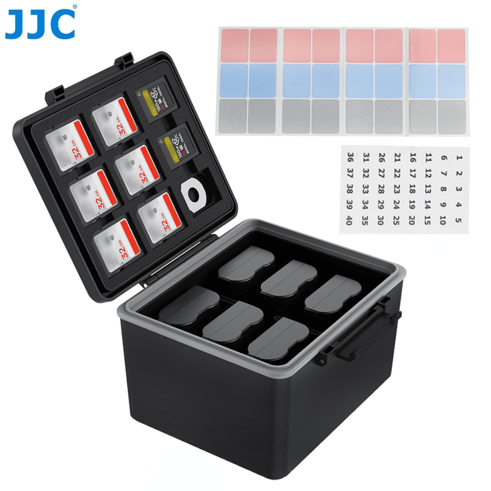 JJC กล่องใส่แบตกล้อง กล้องที่ใส่แบตเตอรี่พร้อม SD CFexpress A B XQD ช่องเสียบการ์ดหน่วยความจำสำหรับ Sony NP-FZ100 Fuji Fujifilm NP-W235 Canon LP-E6 LP-E6N LP-E6NH Nikon EN-EL15 EN-EL15c EN-EL15b EN-EL15a EN-EL3e BP-511 A BP-512 โอลิมปัสOM BLX-1