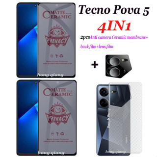 4in1 ฟิล์มกระจกนิรภัยกันรอยหน้าจอ และฟิล์มคาร์บอนไฟเบอร์ กันส่อง สําหรับ Tecno Pova 5 Tecno Pova 3 Pova 5 Pro Pova 4 Pro 2 ชิ้น