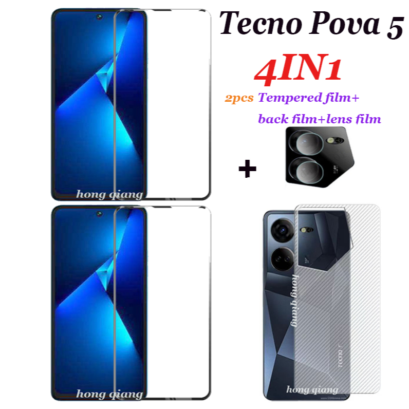(4in1) ฟิล์มกระจกนิรภัยกันรอยหน้าจอ ฟิล์มคาร์บอนไฟเบอร์ ฟิล์มเลนส์กล้อง สําหรับ Tecno Pova 5 Pova 6 Protecno Pova 4 4 Pro 5 Pro 2 ชิ้น