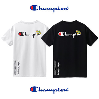 Champion เสื้อยืดแขนสั้น ผ้าฝ้ายแท้ พิมพ์ลายการ์ตูนโลโก้ แฟชั่นคู่รัก