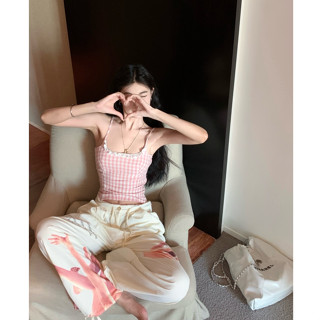「Nonfatgirl」เสื้อสายเดี่ยว ลายสก๊อต นมสตรอเบอร์รี่ และกางเกงลําลอง ขากว้าง เอวสูง ทรงหลวม เข้ารูป สีชมพู สไตล์เกาหลี