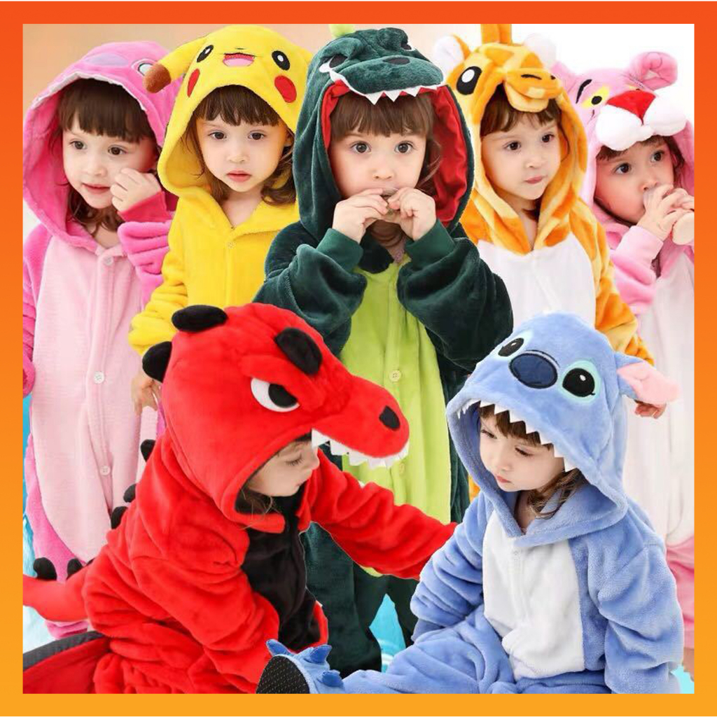 Kigurumi เด็กน่ารักไดโนเสาร์ Stitch Pikachu Unicorn Panda สัตว์การ์ตูนชุดนอน Onesies