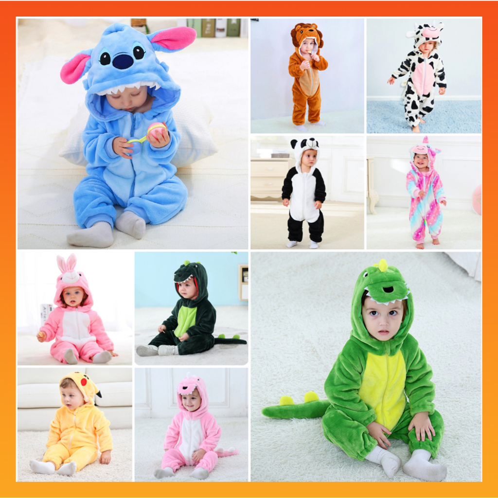 เด็ก Kigurumi Stitch ไดโนเสาร์ Pikachu Lion Unicorn วัวการ์ตูน Romper เด็กทารกสัตว์ Jumpsuit หญิงเด็กคอสเพลย์ Pyjama เครื่องแต่งกาย