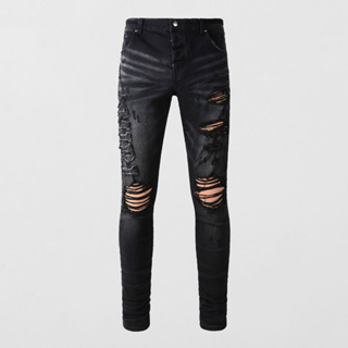 Street Fashion Men AMIRI Jeans Vintage Black Tight Fit Perforated Letter Printed Button Front Design High Quality Men Hip Hop Denim Pants