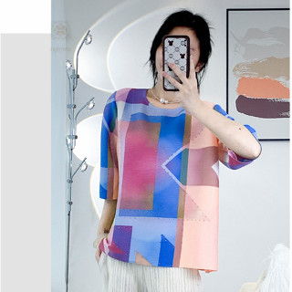 [enjoysea] เสื้อเชิ้ตแขนครึ่ง พิมพ์ลาย Issey Miyake ยืดหยุ่น ทรงหลวม แฟชั่นสําหรับผู้หญิง