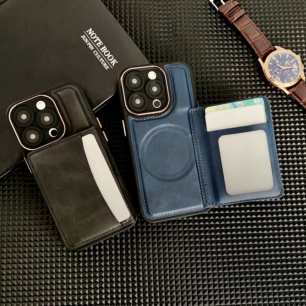 เคสโทรศัพท์มือถือหนัง PU กันกระแทก พร้อมช่องใส่บัตร และขาตั้ง หรูหรา สําหรับ iPhone 11 12 13 14 15 Pro Max