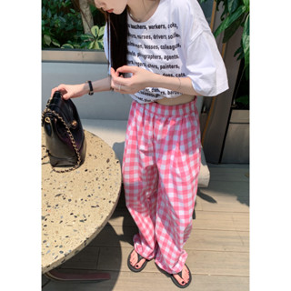 Loose red and white checkered straight leg pants Womens wide pants Casual pants Straight leg pants