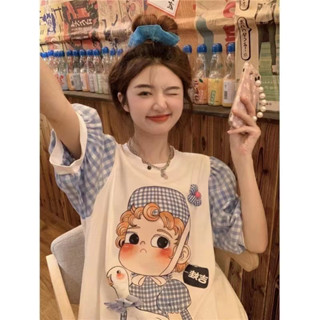 เสื้อยืด คอกลม แขนพัฟ ลายสก๊อต ทรงหลวม สไตล์เกาหลี แฟชั่นเรโทร สําหรับผู้หญิง