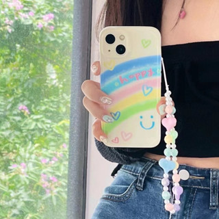 เคสโทรศัพท์มือถือ ลายหน้ายิ้ม สีรุ้ง พร้อมสายโซ่คล้อง สําหรับ iPhone 11 12 12pro 12promax 13 13pro 13promax 14 14pro 14promax