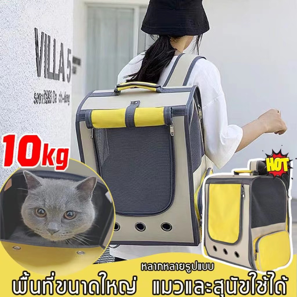 Pet Bag🐱กระเป๋าแมว  เป้สัตว์เลี้ยง 10KG ใบใหญ่มาก  พับเก็บได้ ระบายอากาศได้ หน้าต่างกันสาด กระเป๋าสีขอบด้านข้าง【จากประเทศไทย】